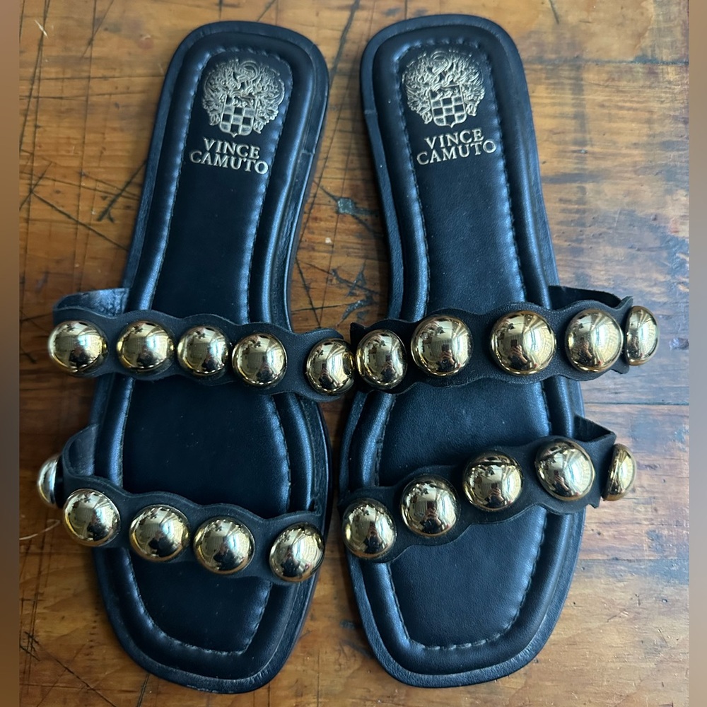 Vince Camuto Black Leather Slide Sandals with Gold Studs Size 8.5